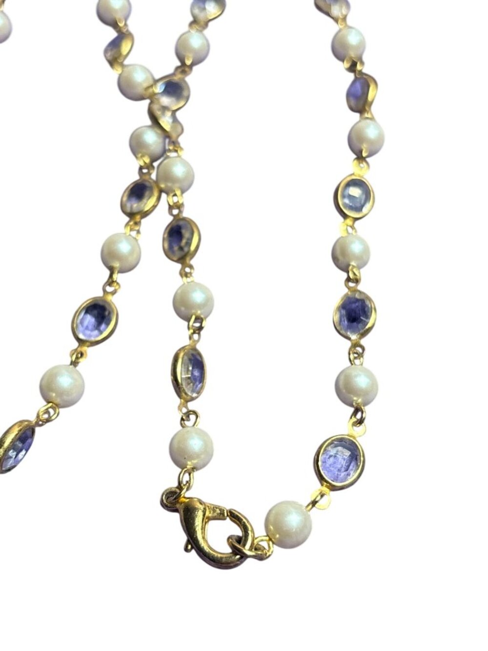 Goldtone Clear Faceted Rhinestone Faux Pearl Beaded Chain Necklace Lobster Clasp - Picture 2 of 2